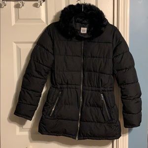 Black fur trimmed hooded puffer coat